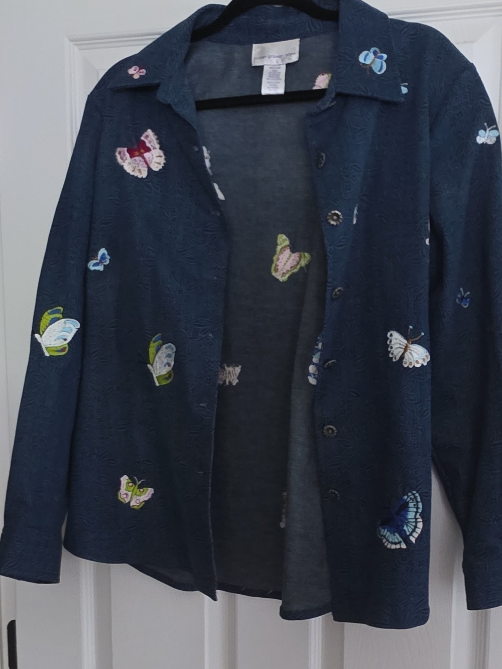 Susan Graver Navy Blue Embroidered Butterfly Jean Jacket